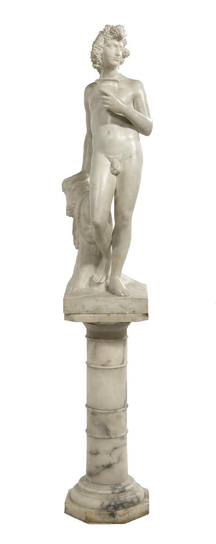 Alabaster Figure of a Young Dionysus: Carved Alabaster Figure of a Young Dionysus on a Pedestal fourth quarter 19th century, Italian, the nude figure holding a kylix, his head wreathed in lush branches of grapes, standing on a ring-turned