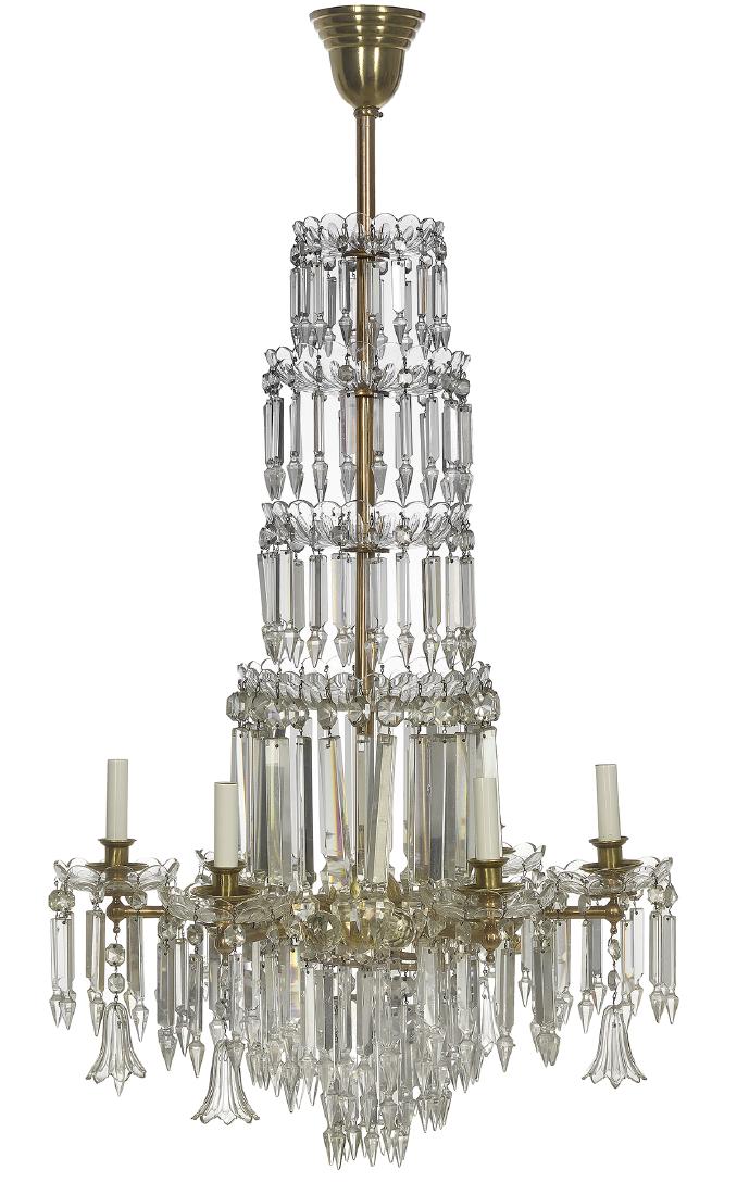 Franco-Bohemian Brass and Cut Glass Gasolier: Franco-Bohemian Brass and Cut Glass Gasolier third quarter 19th century, the six-light gasolier with descending tiers of spear-point prisms in the lower portion, the arms set with cut glass prism ring