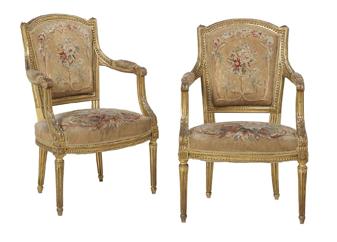 Pair of Louis XVI-Style Giltwood Fauteuils: Pair of Louis XVI-Style Giltwood Fauteuils late 19th century, with finely carved frames, turned and fluted legs and covered in 19th-century Aubusson fabric. h. 35-1/2", w. 23", d. 19"