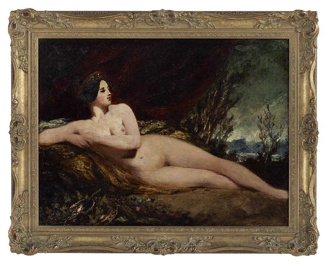 William Etty (British, 1787-1849): William Etty (British, 1787-1849) "Reclining Nude", 1839 oil on wood panel signed and dated lower left. Framed. 20-1/4" x 26-7/8", framed 25-1/4" x 31-3/4" Provenance: Descended in the family of Henry