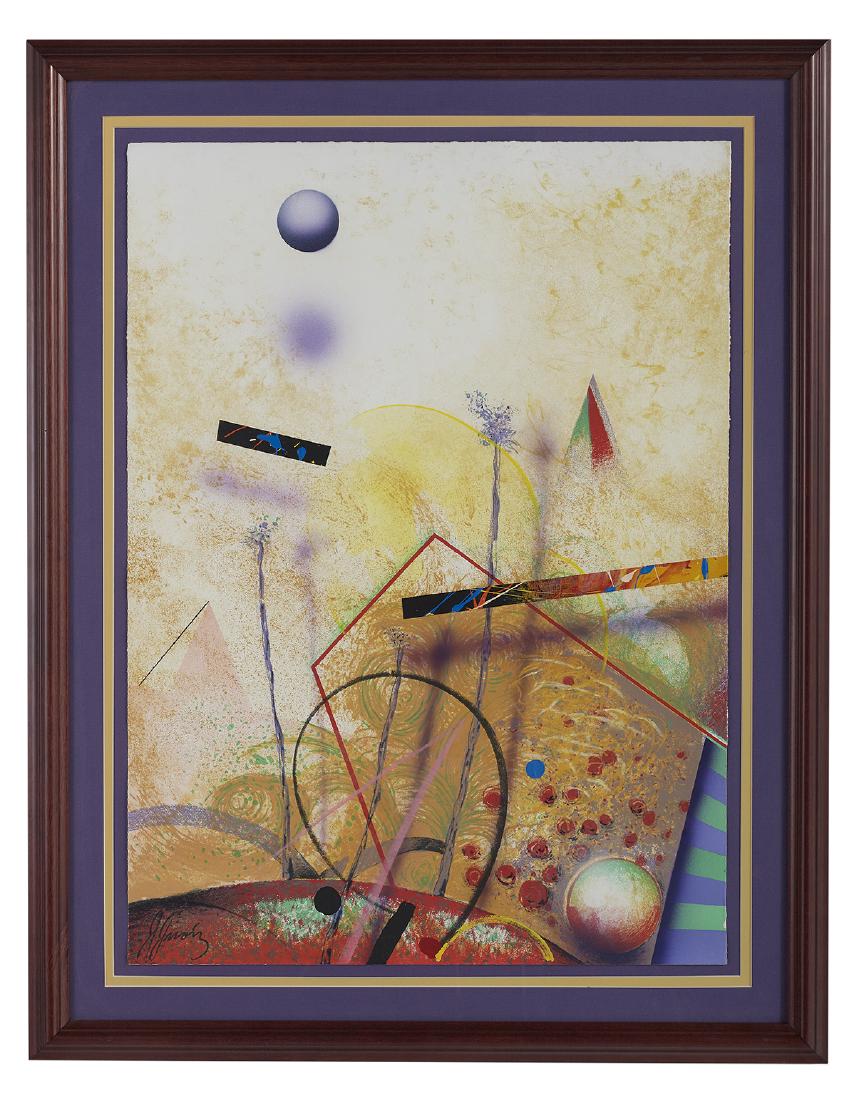 Juan Sanchez-Juarez, (Mexican, b. 1946): Juan Sanchez-Juarez (Mexican, b. 1946) "Rain Forest #70", 2003 collage, acrylic, airbrush and silkscreen signed lower left. Float-mounted, glazed and framed. sheet 30" x 22", framed 37-3/4" x 29-1/2"