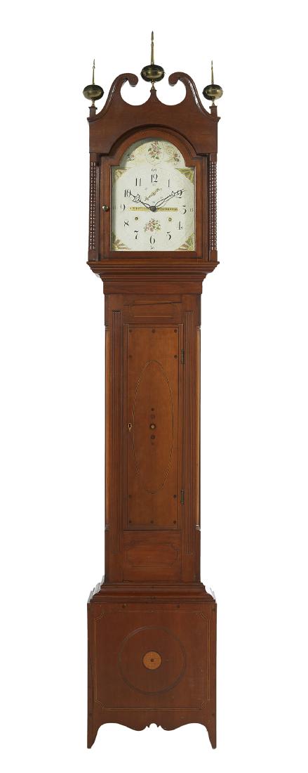 Riley Whiting Federal Cherry Tall Case Clock: Riley Whiting Federal Inlaid Cherry Tall Case Clock first quarter 19th century, the base inlaid with roundels and cut-cornered panels, the trunk set with a door with an inlaid oval and inlaid dots, fr