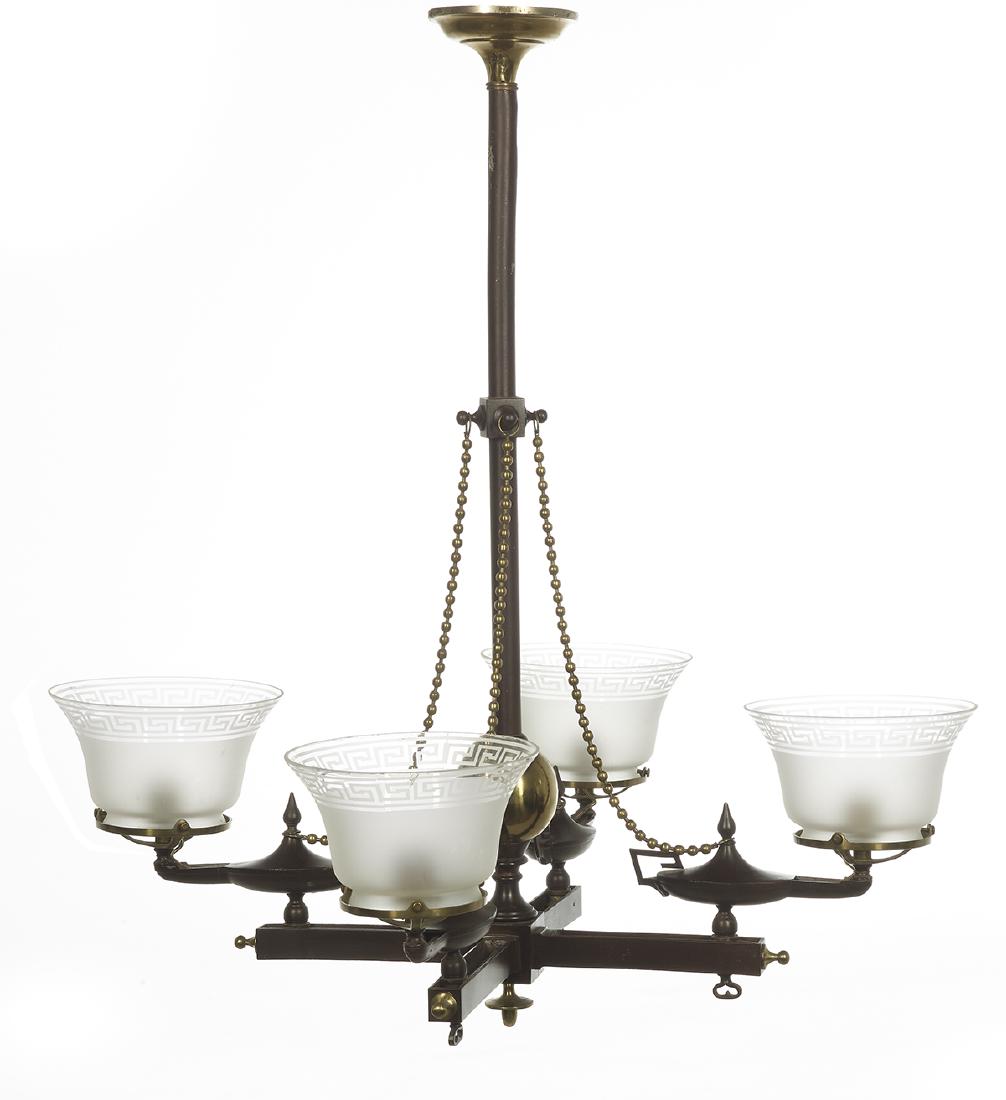 Gilt- and Patinated Bronze Gasolier: Gilt- and Patinated Bronze Gasolier in the Neo-Grec Taste third quarter 19th century, American or English, the standard set with a gilt spherule, ball chains leading from the upper standard to bronze 