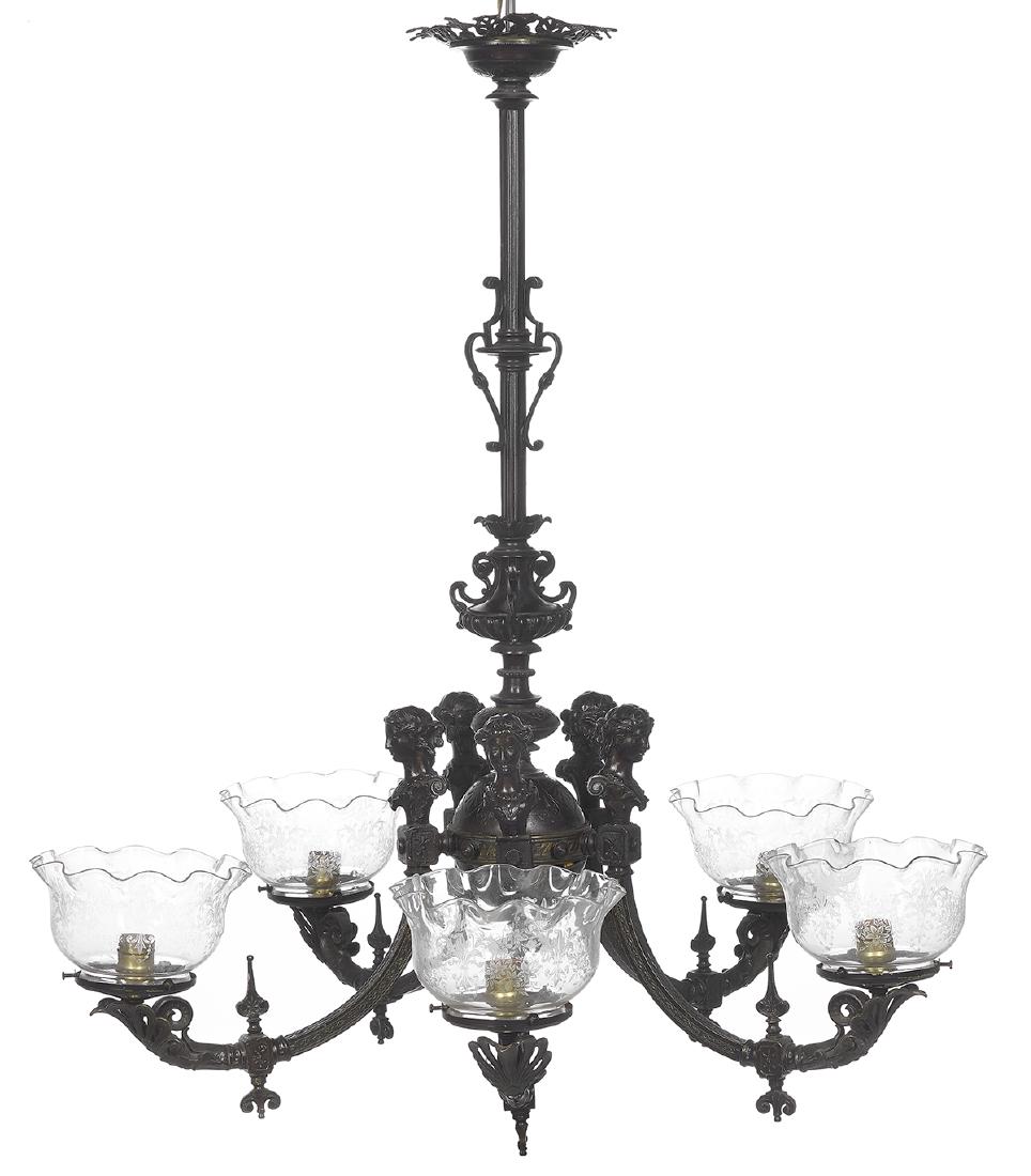 American Renaissance Revival Spelter Gasolier: American Renaissance Revival Patinated Spelter Gasolier third quarter 19th century, the molded standard incised with anthemia and supported on a fluted rod decorated with applied and pierced scrollwor