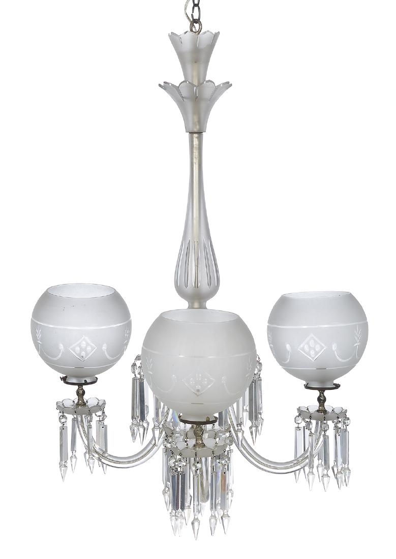 Franco-Bohemian Cut and Frosted Glass Gasolier: Franco-Bohemian Cut and Frosted Glass Gasolier third quarter 19th century, the standard with a vasiform frosted and cut glass cover over a frosted and cut umbrella-form prism ring, terminating in a po