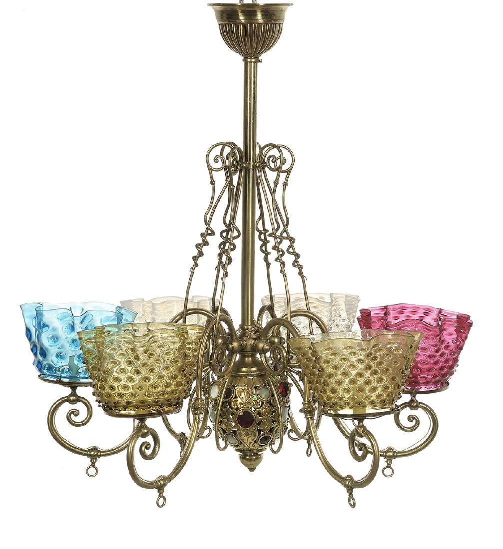 American Brass, Glass and "Jeweled" Gasolier (1 of 1)