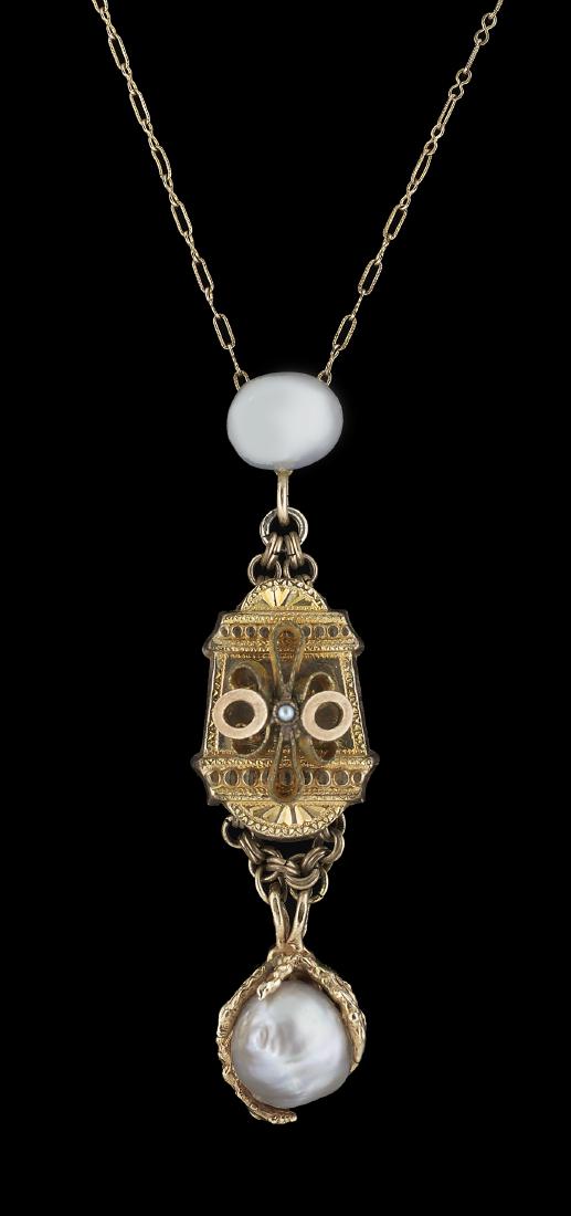 Antique-Style Pearl Necklace: Antique-Style Pearl Necklace 9k yellow gold, the locket-style necklace mounted with grey baroque pearls measuring 11.0mm x 9.5mm and 11.5mm x 10.5mm, and accented with seed pearls. l. 18", total weigh