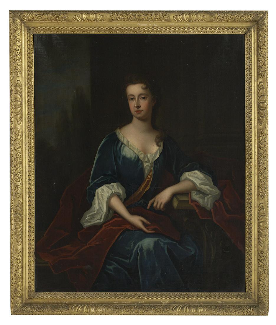 Circle of Charles Jervas (Irish, 1675-1739): Circle of Charles Jervas (Irish, 1675-1739) "Portrait of a Lady in Blue and Crimson" oil on canvas unsigned. Framed. 49-1/2" x 40", framed 58" x 49"