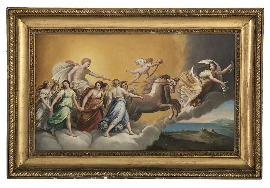 After Guido Reni (Italian, 1575-1642): After Guido Reni (Italian, 1575-1642) "Aurora" oil on canvas unsigned. Giltwood frame. 21" x 35", framed 29" x 43" Provenance: The Estate of Frank Fasullo, New Orleans, Louisiana.