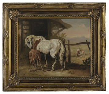 James Ward (British, 1769-1859): James Ward (British, 1769-1859) "Mare and Foal" oil on cradled wood panel Frame with artist plaque. 18-3/4" x 21-3/4", framed 25-3/4" x 30" Provenance: Bruce McCashin Collection.