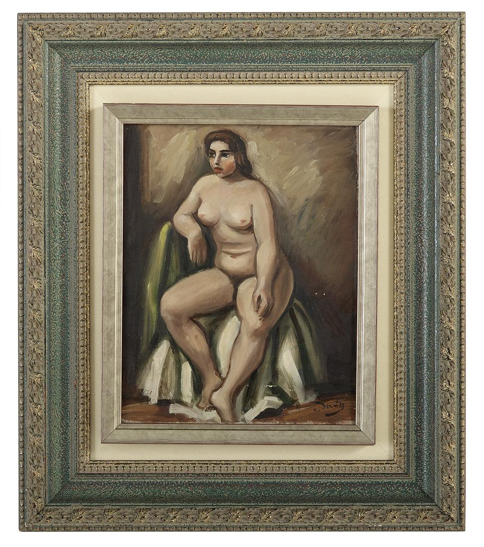 Andre Derain (French, 1880-1954): Andre Derain (French, 1880-1954) "Nu" oil on canvas signed lower right. Framed. 13-1/4" x 10-1/2", framed 23" x 19-1/2" Provenance: Christophe Joron-Derem, Paris, France, December 11, 2014, lot 112.