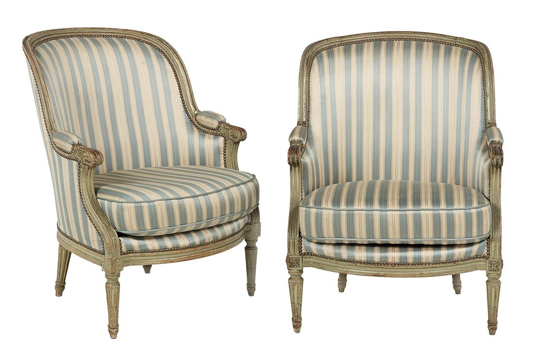 Pair of Louis XVI-Style Polychrome Bergeres (1 of 1)