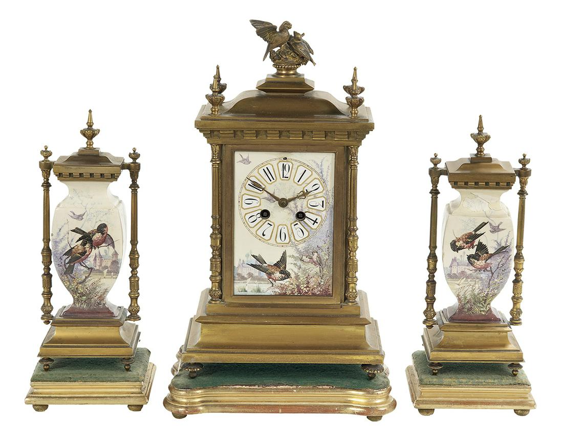 French Gilt-Bronze and Pottery Clock Set (1 of 2)
