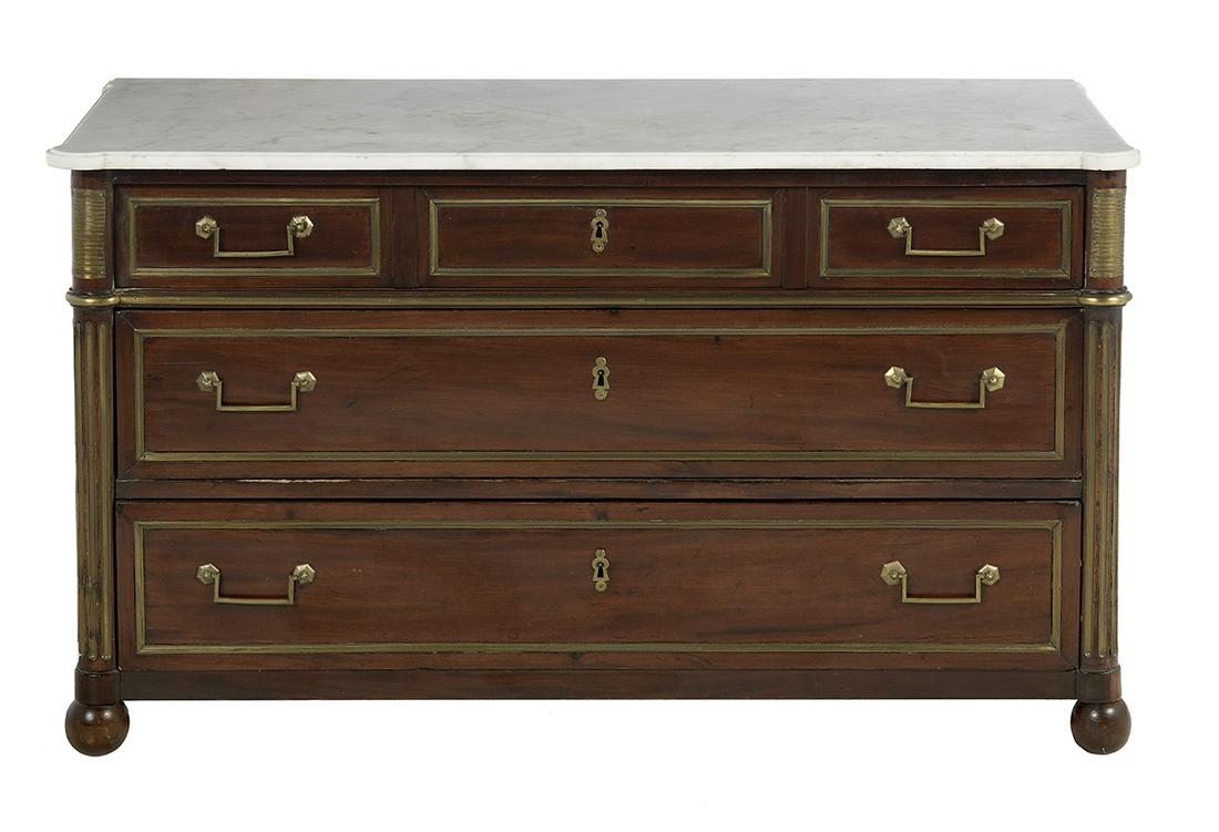Louis XVI-Style Mahogany and Marble-Top Commode: Louis XVI-Style Mahogany and Marble-Top Commode early 20th century, the rectangular white marble top with turreted corners, above a conforming case fitted with a frieze drawer faced as three small dra
