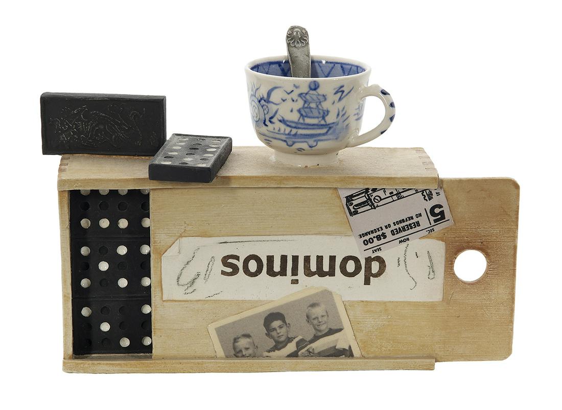 Richard Shaw (American/California, b. 1941): Richard Shaw (American/California, b. 1941) "Dominos" porcelain and wood initialed on front label. h. 6", w. 8-1/2", d. 2-3/4" Provenance: Collection of Mark M. Johnson, Montgomery, Alabama.