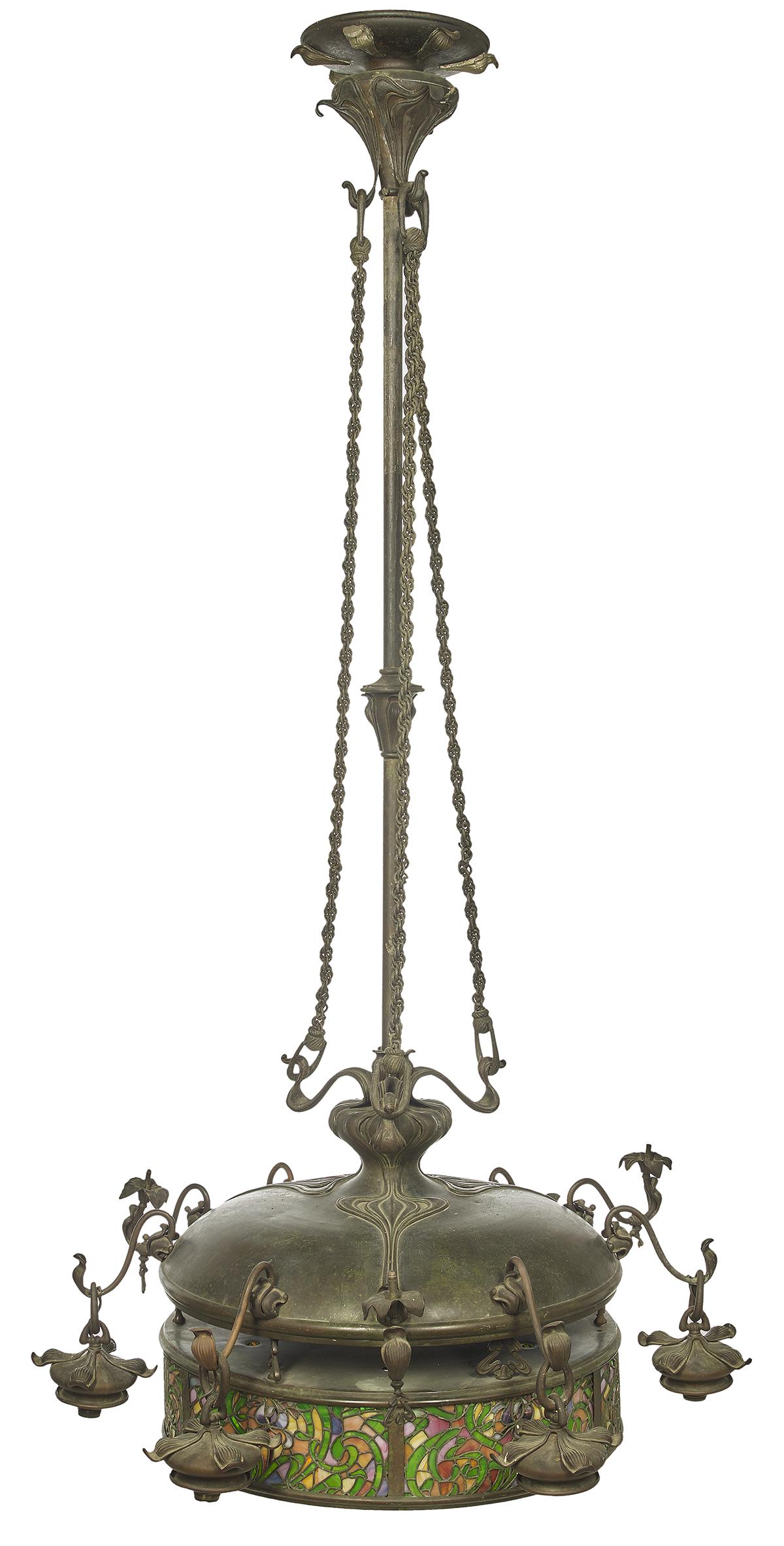Art Nouveau Bronze and Stained Glass Electrolier (1 of 2)