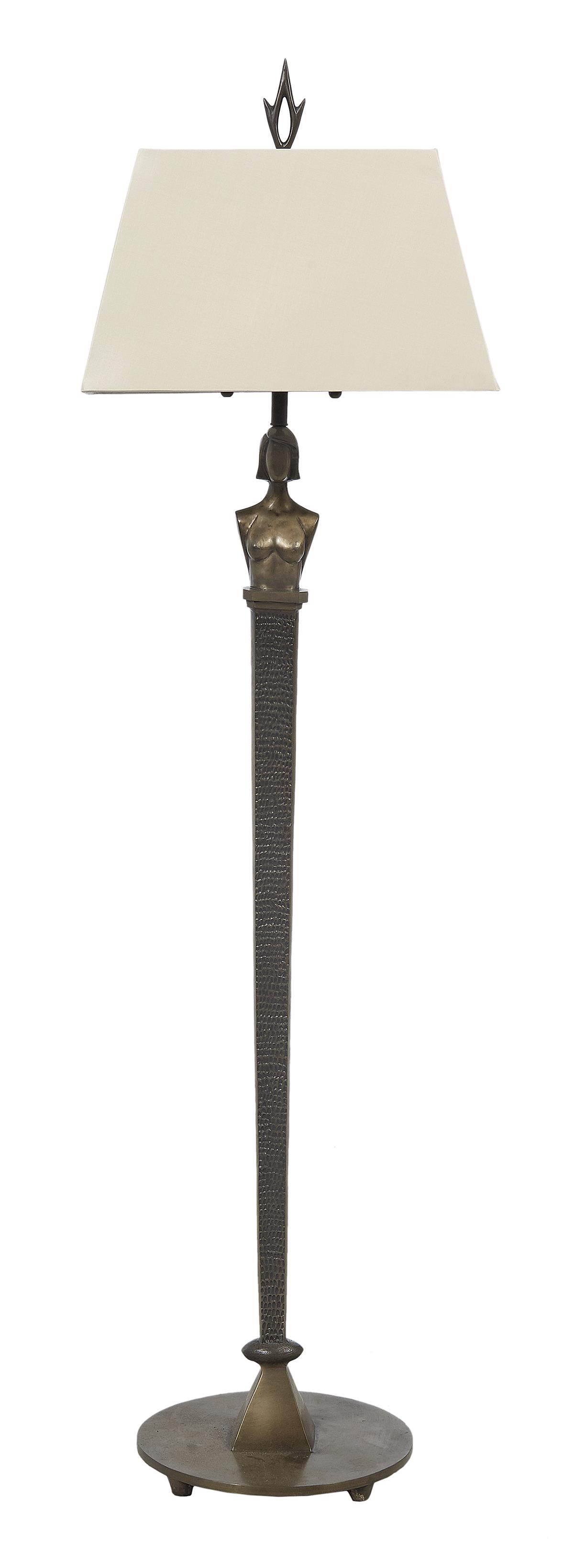 Contemporary Bronze Floor Lamp: Contemporary Bronze Floor Lamp ca. 2003, American, after Thomas Corbin (Missouri, b. 1954), decorated with a bronze nude bust of a woman on a tapered, stippled standard, marked on the round base and m