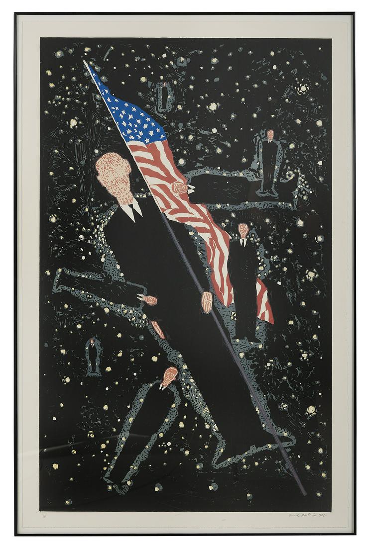 Derek Boshier (British/American, b. 1937): Derek Boshier (British/American, b. 1937) "The Guardian", 1987 linocut signed and dated lower right, numbered "1/15" lower left. Float-mounted, glazed and framed. 64" x 40-1/2", framed 66-1/4" x 42-3/