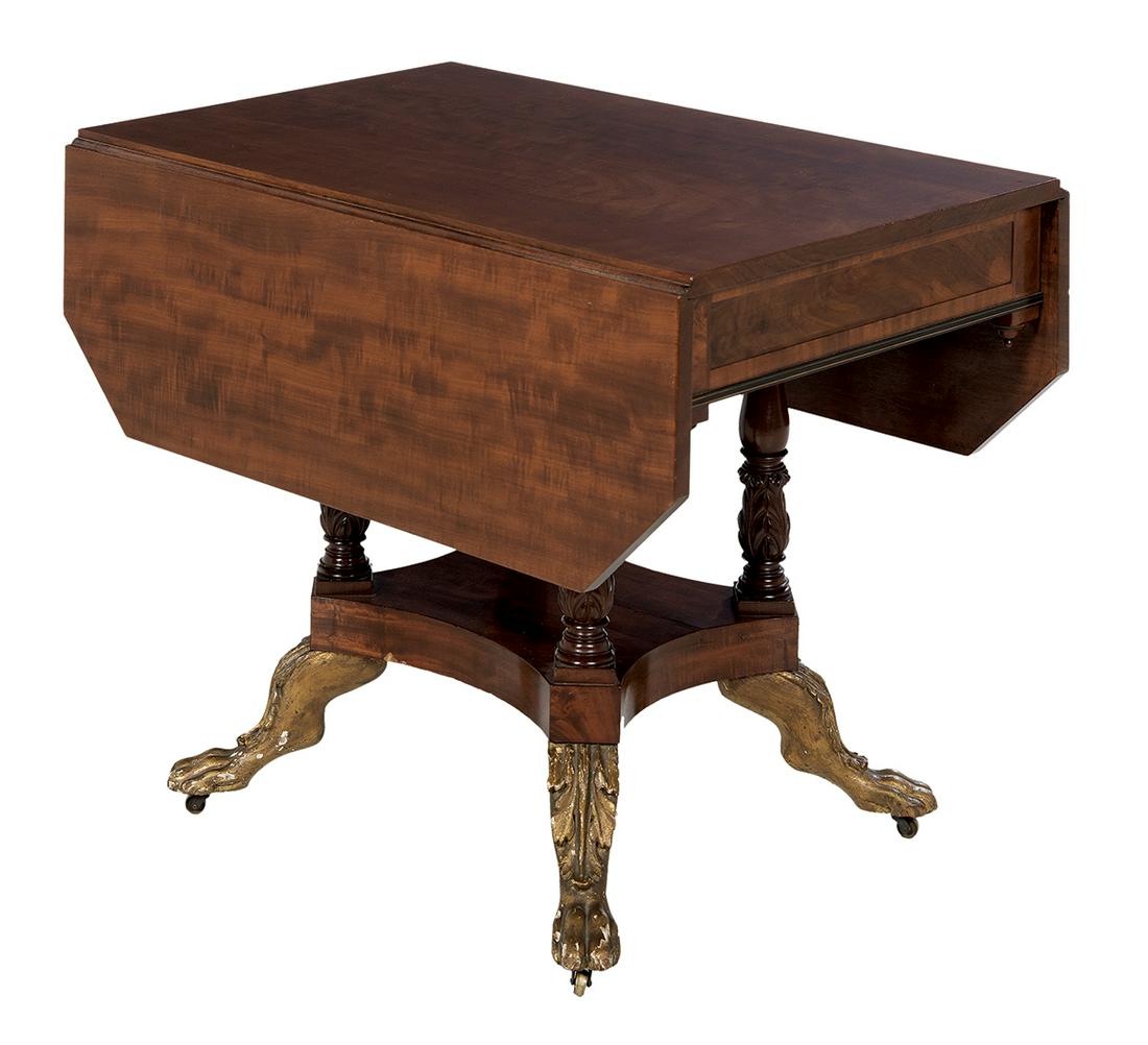 American Classical Mahogany Drop-Leaf Table: American Classical Brass-Inlaid Mahogany Drop-Leaf Table ca. 1820, attributed to Duncan Phyfe or a competitor of equal rank, the single-board top flanked by like drop leaves with canted corners, the f