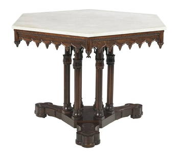 American Gothic Revival Marble-Top Center Table: American Gothic Revival Rosewood and Marble-Top Center Table ca. 1845, after a design by Alexander Jackson Davis, and probably executed by Alexander Roux, New York, the hexagonal marble top over a con