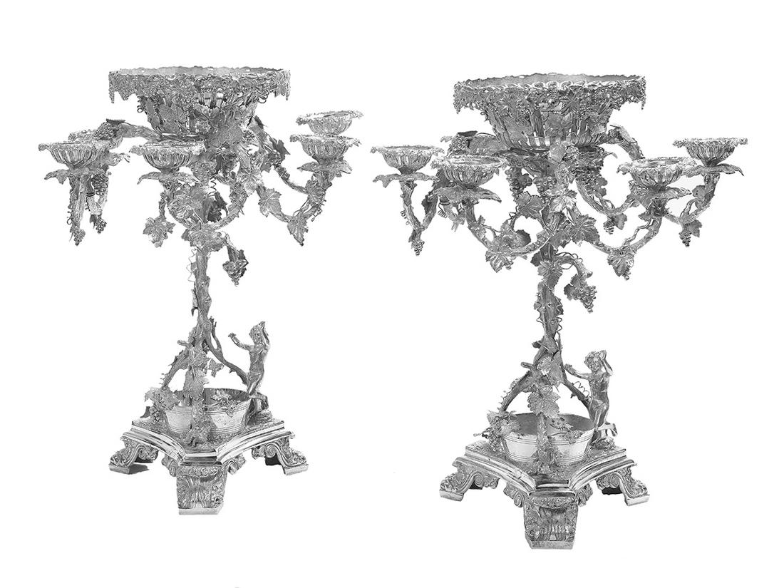 Pair of Victorian-Style Silverplate Epergnes: Large Pair of Victorian-Style Silverplate Epergnes mid-20th century, by the Goldfeder Silver Co., Yalesville, Connecticut, each with a canted and concave triangular base raised on three robust acanthu