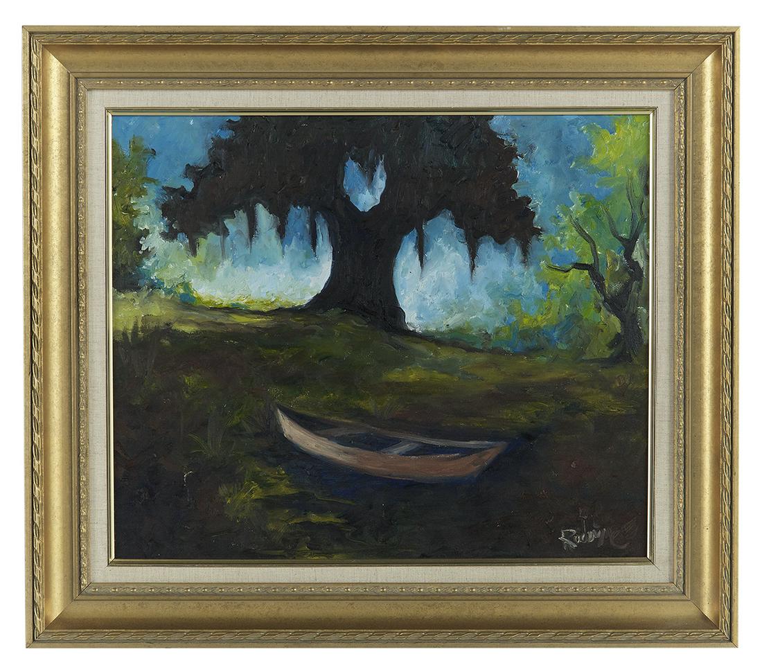 George Rodrigue (American/Louisiana, 1944-2013): George Rodrigue (American/Louisiana, 1944-2013) "George Rodrigue's Boat", 1993 oil on canvas signed lower right, signed, titled, dated and with a sketch of a "Blue Dog" en verso. Framed. 20" x 24", fr