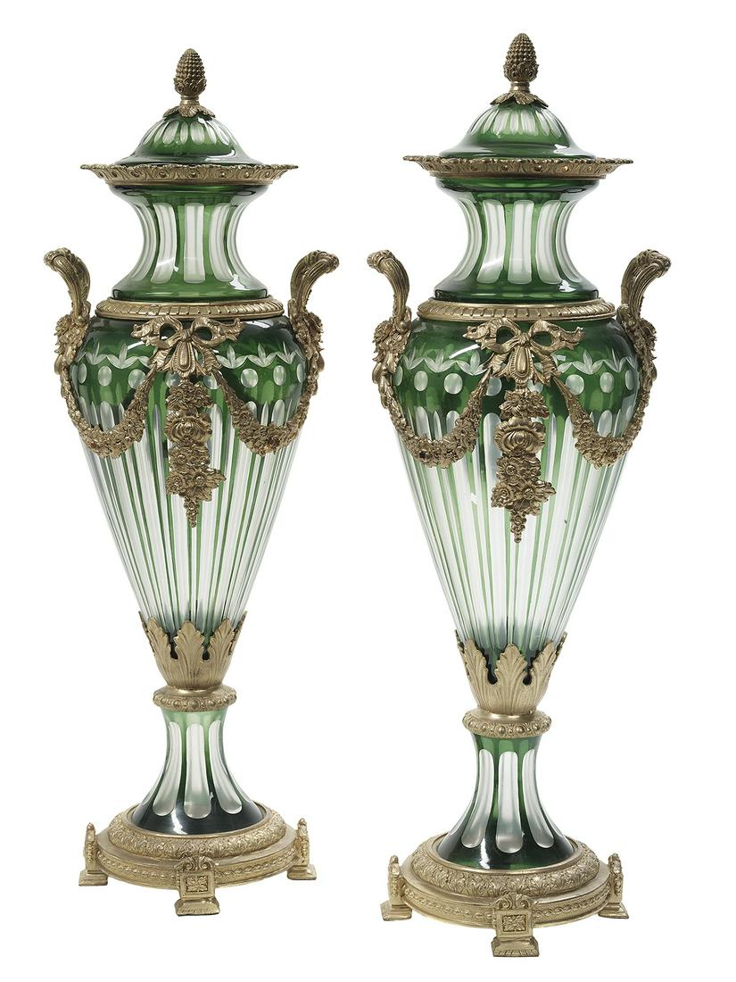 Pair of Bronze-Mounted Glass Covered Vases (1 of 1)