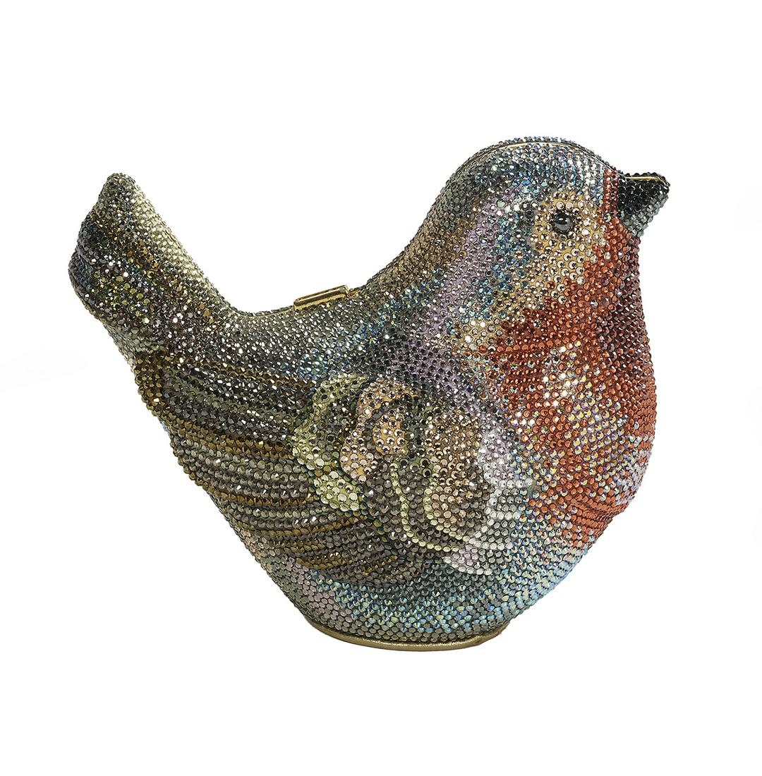 Judith Leiber "Bird" Minaudiere: Judith Leiber "Bird" Minaudiere gold hardware, with signed frame, removable drop-in chain and crystal-inset push closure, the underside with a padded gold kidskin circle, the gold kidskin-lined interi