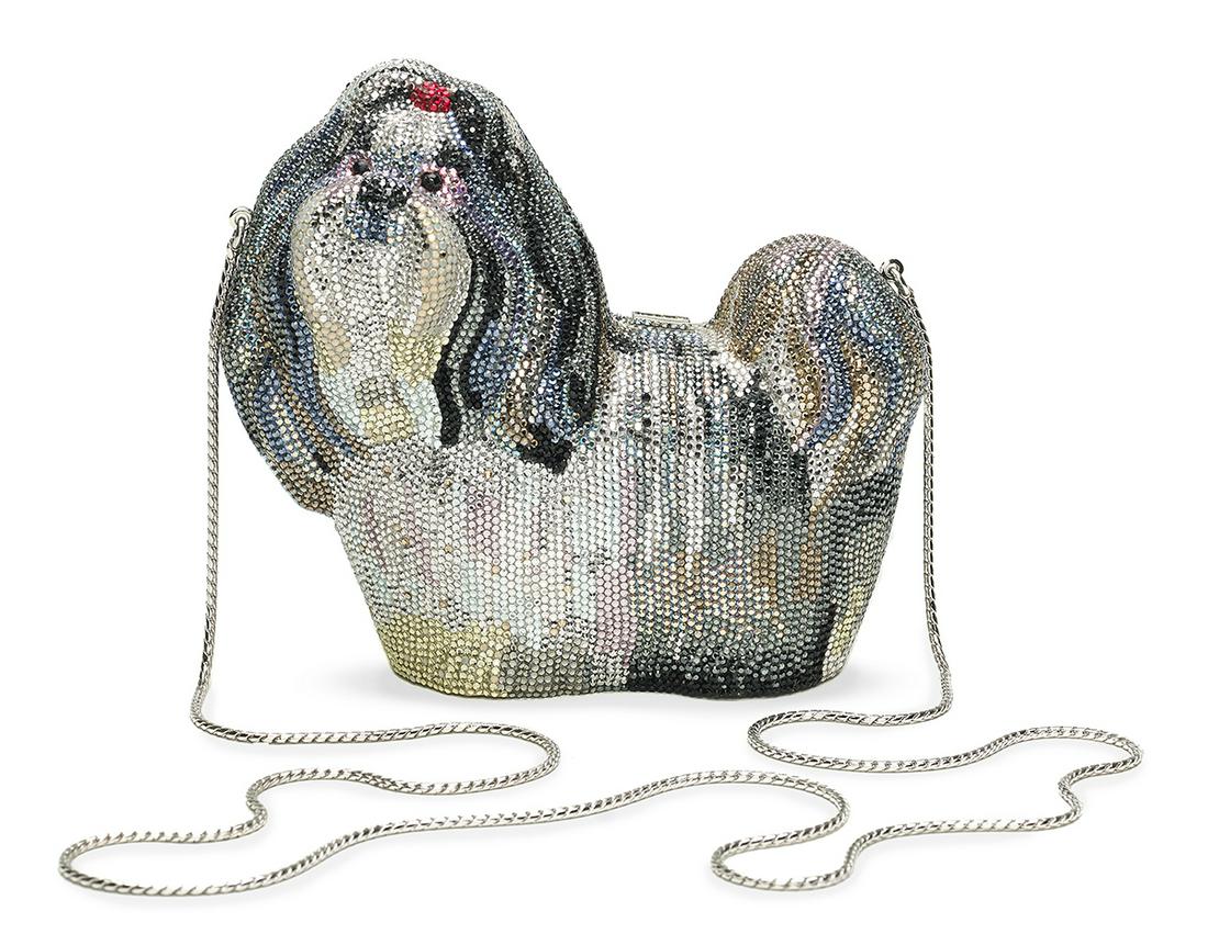 Judith Leiber "Shih Tzu" Minaudiere: Judith Leiber "Shih Tzu" Minaudiere silver hardware, with signed frame, drop-in chain and crystal-inset push closure, the metal underside with four molded "paws", the silver kidskin-lined interior lab