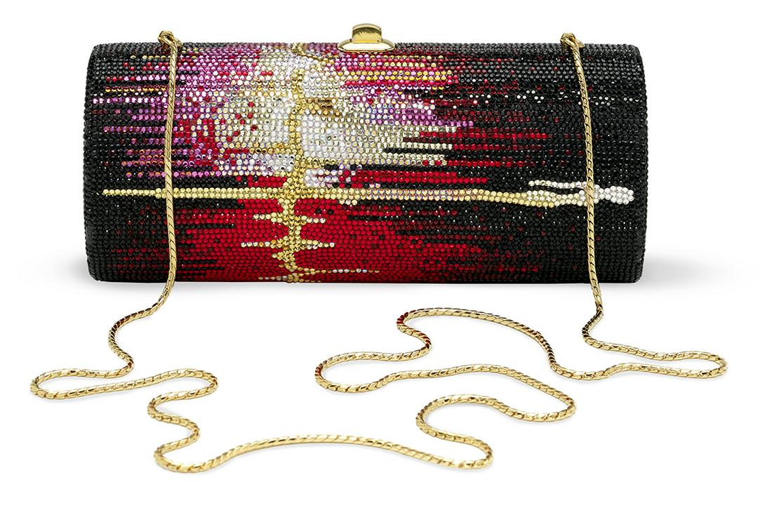 Judith Leiber "Celine Dion" Minaudiere: Judith Leiber "Celine Dion" Black and Red Minaudiere gold hardware, with signed frame, drop-in chain and domed gold push closure, the gold kidskin-lined interior labeled "Judith Leiber/New York", incl