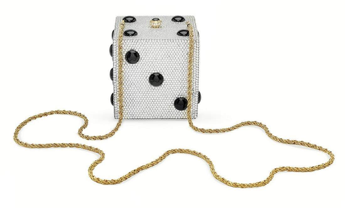 Kathrine Baumann "Lucky Dice" Minaudiere: Kathrine Baumann "Lucky Dice" Crystal and Onyx Minaudiere gold hardware, with drop-in chain and onyx and crystal-set push closure, the gold kidskin-lined interior labeled "Kathrine Baumann/Collectible