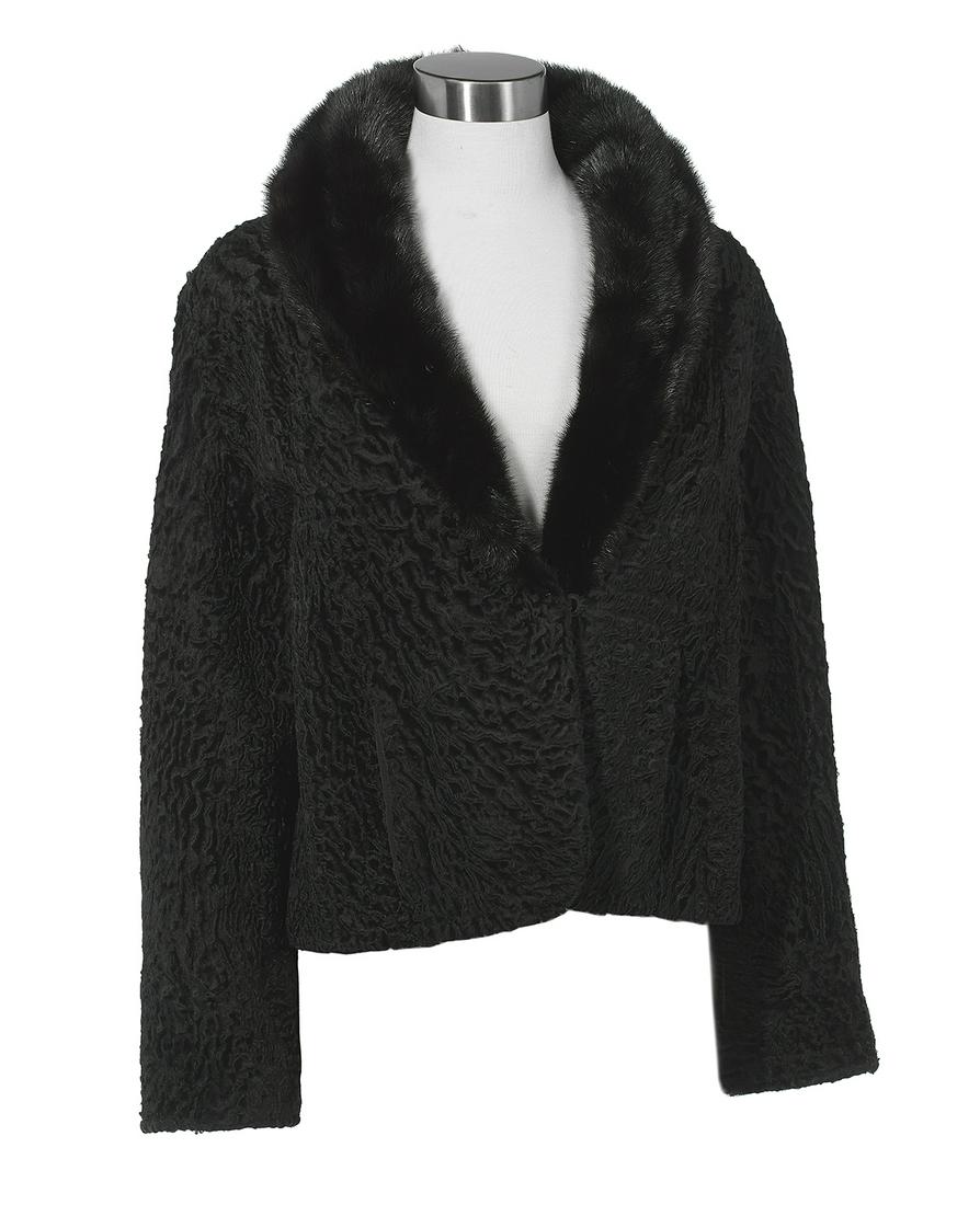 Vintage Black Mink-Trimmed Persian Lamb Jacket: Vintage Black Mink-Trimmed Persian Lamb Jacket size 8, ca. 1950s, with mink shawl collar, inset straight rollable cuff sleeves, one hook closure and two small pockets, the black silk-lined interior mo