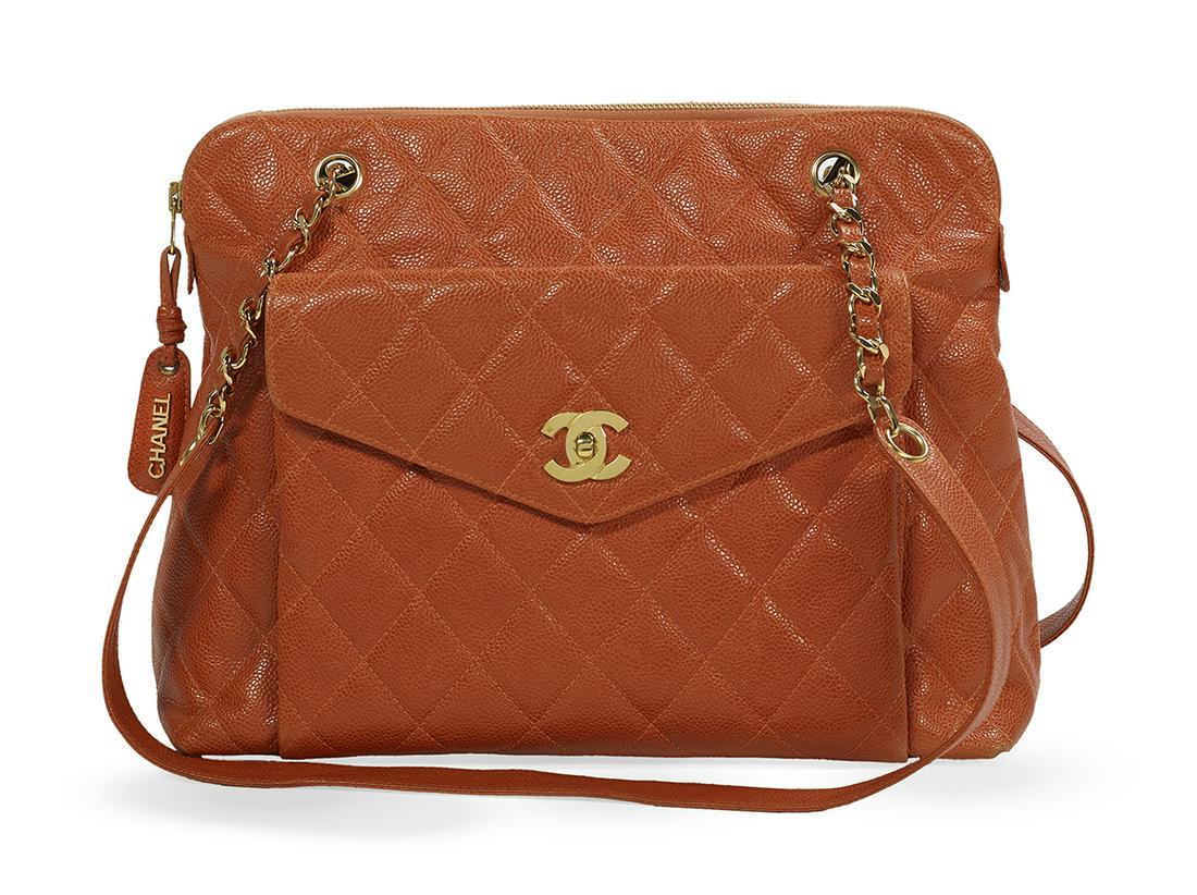 Vintage Chanel Orange Front Pocket Shoulder Bag: Vintage Chanel, Paris, Orange Caviar Leather Front Pocket Shoulder Bag 1996-1970s, gold hardware, with leather and chain toggle straps, the front with a large gusseted envelope flap pocket with "CC" t