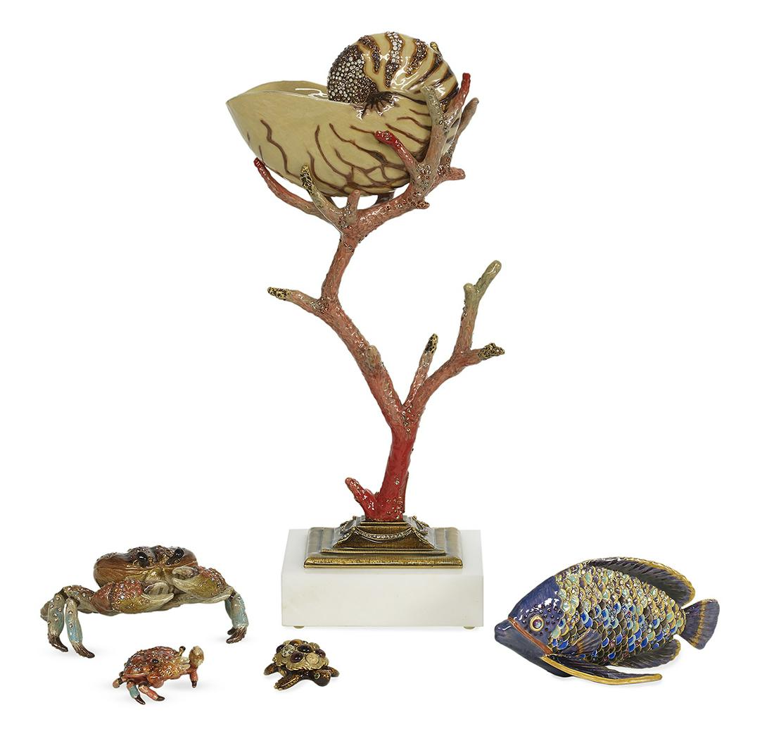 Five Jay Strongwater Enameled Sea Creatures: Collection of Five Jay Strongwater Enameled and "Jeweled" Sea Creatures 20th century, American, the collection including a nautilus shell on a coral stand, mounted on a marble base, h. 13-1/2", w. 5-1