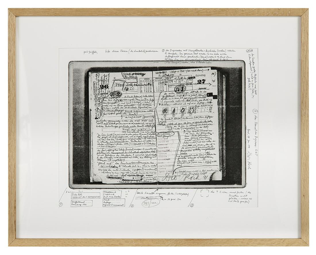 Dieter Roth (Swiss, 1930-1998): Dieter Roth (Swiss, 1930-1998) "1 Bericht mit Kommentar", 1991 serigraph on paper pencil-signed and dated lower right and titled lower left, ed. 191/535. Matted, glazed and framed. sight 15-1/2" x 19-