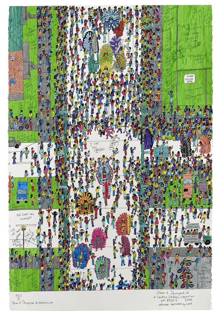 Bruce Davenport (American/Louisiana, b. 1972): Bruce Davenport (American/Louisiana, b. 1972) "Parade", 2013 marker on paper signed lower left, signed and marked "8th Series 13" lower right. Unframed. sheet 37-3/4" x 25"