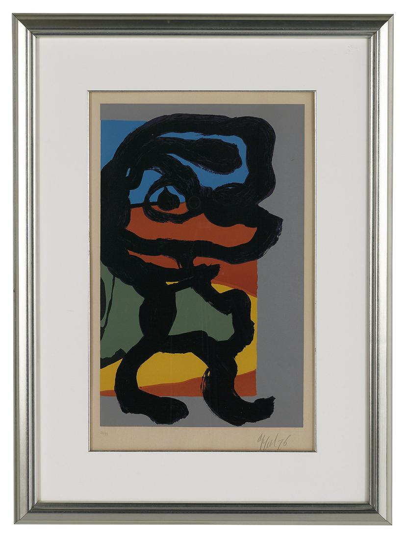 Karel Appel (Dutch, 1921-2006): Karel Appel (Dutch, 1921-2006) "Untitled, Figure", 1976 color lithograph pencil-signed and dated lower margin. Matted, glazed and framed. sight 25-3/4" x 16", framed 37" x 27"