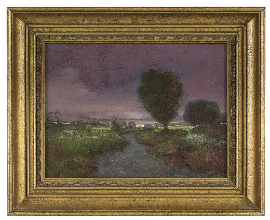 William Scott Leach (US/Tennessee, 1939-2018): William Scott Leach (American/Tennessee, 1939-2018) "Farm at Burning Bush", 1992 oil on wood panel faintly signed and dated lower left, "Mary Anna Thomison & Associates, Lookout Mountain, TN" labels w