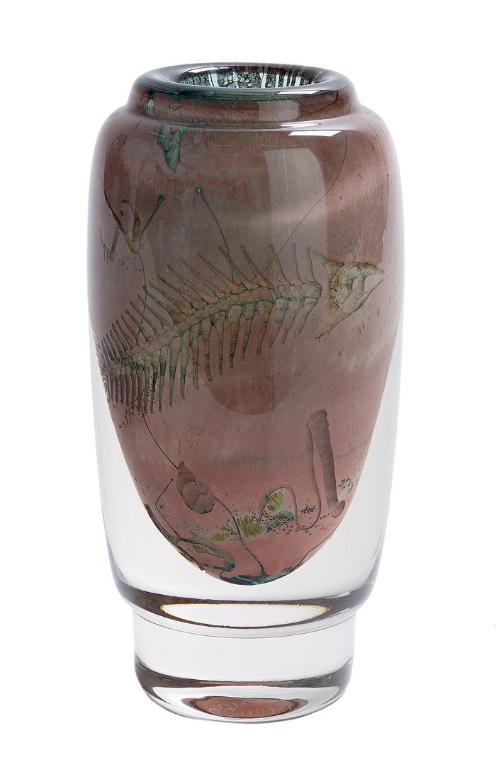 Brent Kee Young (American, Contemporary): Brent Kee Young (American, Contemporary) "Straight & Narrow" glass vase incised signature and titled at bottom. h. 10-3/4", dia. 5-1/2" Provenance: Collection of Mark M. Johnson, Montgomery, Alabama.