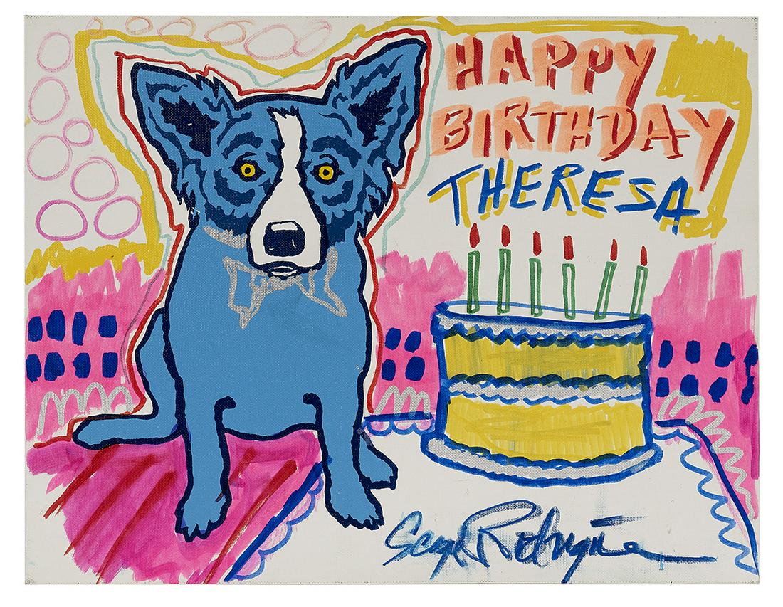 George Rodrigue (American/Louisiana, 1944-2013): George Rodrigue (American/Louisiana, 1944-2013) "Happy Birthday Theresa" marker and acrylic on canvas board signed lower right. Unframed. 14" x 18"