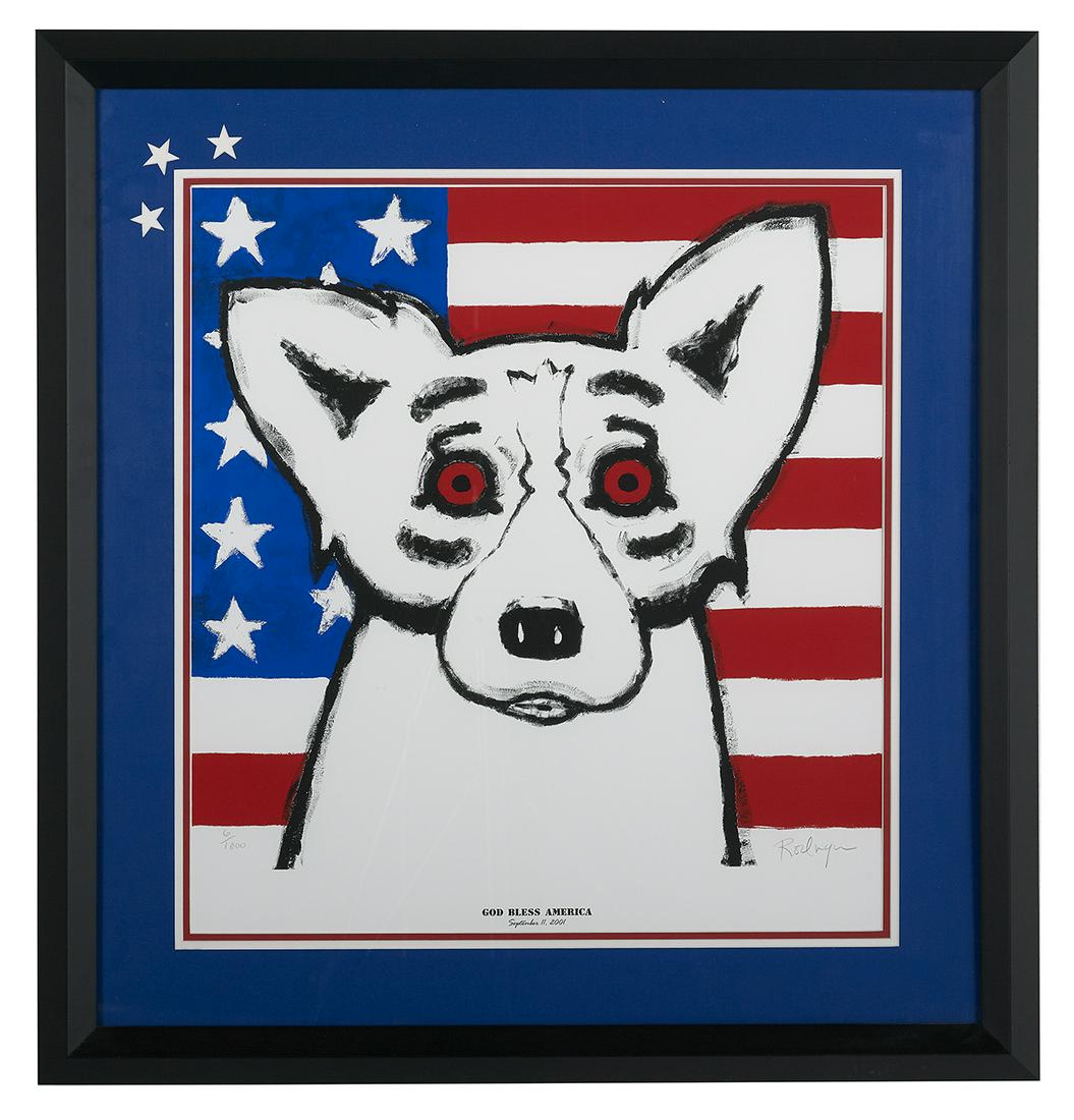 George Rodrigue (American/Louisiana, 1944-2013): George Rodrigue (American/Louisiana, 1944-2013) "God Bless America" lithograph in colors pencil-signed lower right, numbered "6/1000" lower left. Matted, glazed and framed. sight 26" x 24", framed 36-