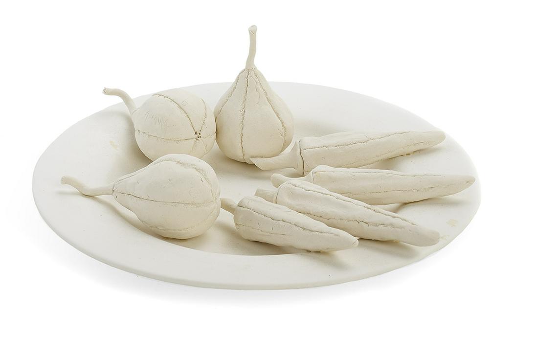 Frank Fleming (American/Alabama, 1940-2018): Frank Fleming (American/Alabama, 1940-2018) "Plate with Okra and Figs" clay sculpture each element with incised signature, all but one fig attached. h. 4-1/4", dia. 11" Provenance: Collection of Mark 