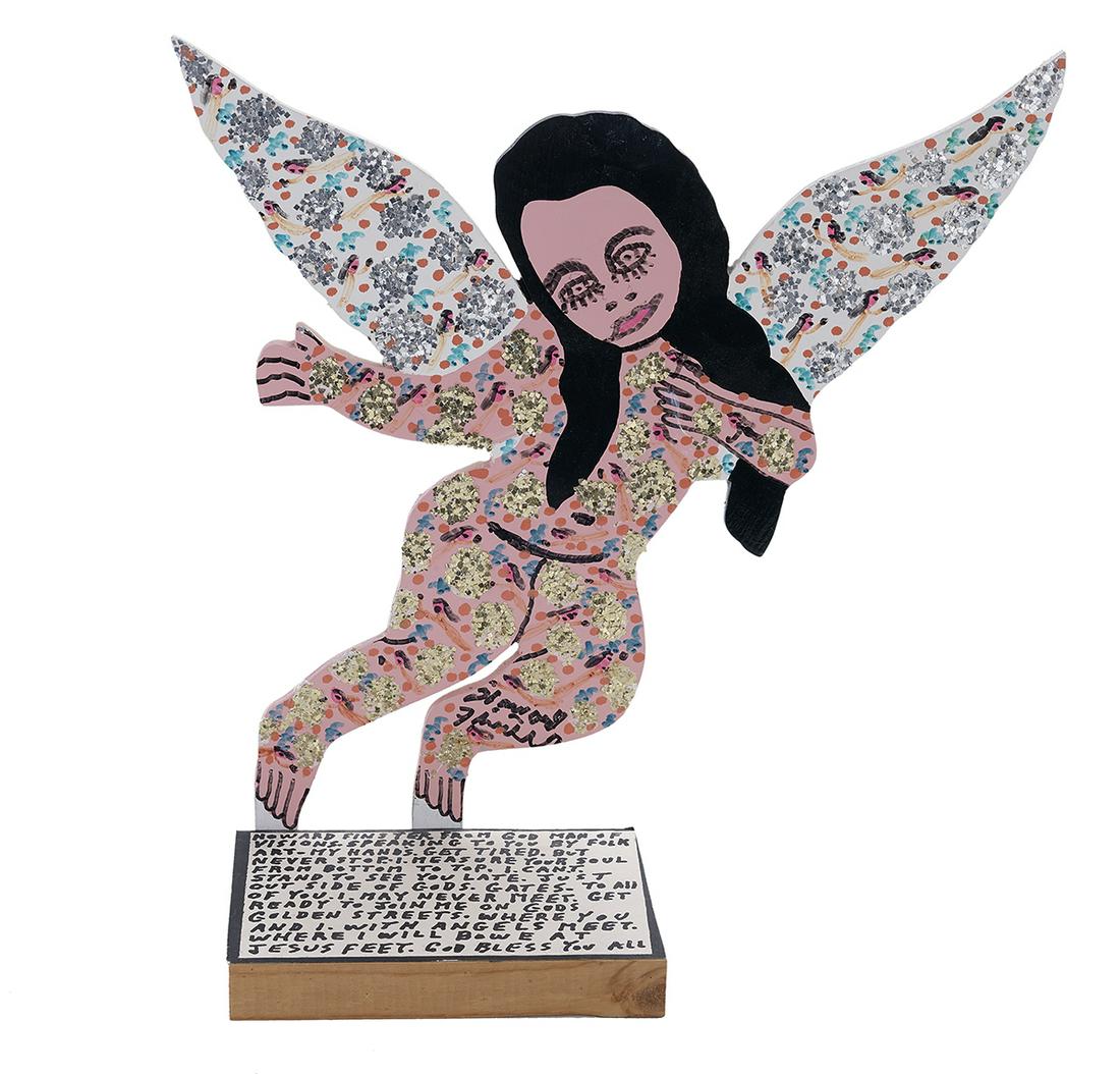 Howard Finster (American/Georgia, 1916-2001): Howard Finster (American/Georgia, 1916-2001) "The Angel of the Lord" painted wood sculpture with glitter signed at back. h. 10-7/8", w. 10-5/8", d. 4"