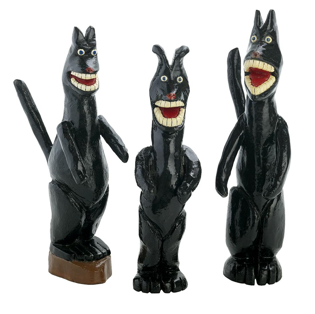 Virgil Perry (American/Alabama, 1930-2019): Virgil Perry (American/Alabama, 1930-2019) "Untitled", 1996 three carved and painted wood sculptures each with incised signature, dated and numbered (14, 16 and 39 of an edition of 96). tallest h. 10-