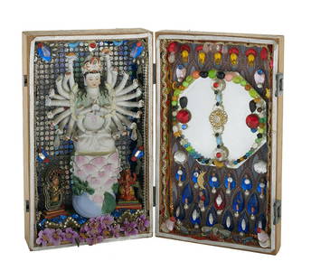 Thomas Crawford Cowman (US/Louisiana, 1937-2005): Thomas Crawford Cowman (American/Louisiana, 1937-2005) "Guanyin" porcelain, glass and found object sculpture in wooden box h. 12-7/8", w. 15-1/2", d. 2-3/4" Notes: Cowman was the beloved chef at famed
