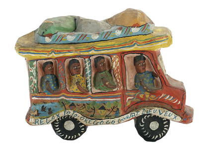 Thomas Crawford Cowman (US/Louisiana, 1937-2005): Thomas Crawford Cowman (American/Louisiana, 1937-2005) "Bus - Dieu Veux" painted papier-mache sculpture h. 12-1/2", w. 15", d. 4"