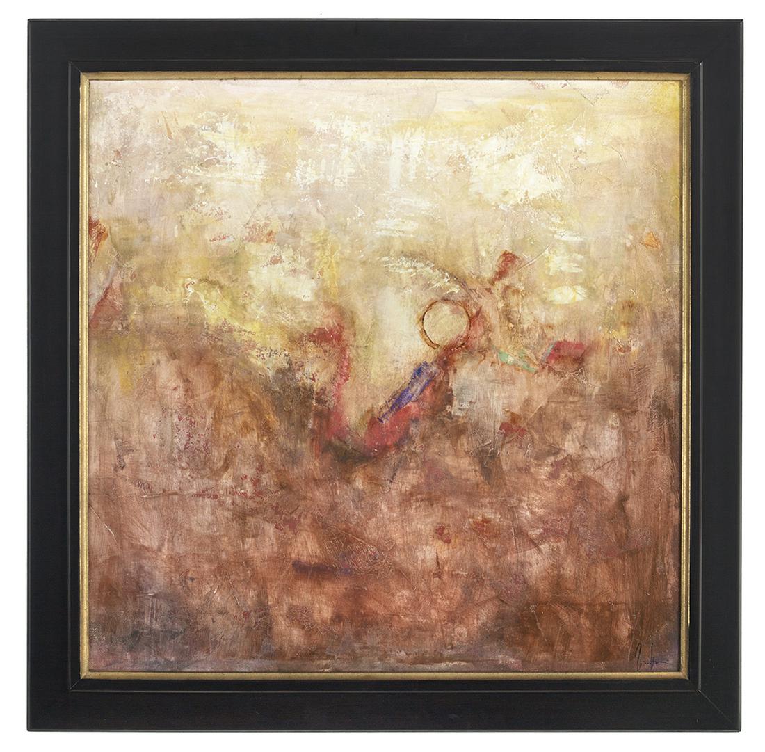 Justin Garcia (American/Texas, Contemporary): Justin Garcia (American/Texas, Contemporary) "Desert Sunset", 2009 oil on board signed lower right, signed, titled and dated en verso. Framed. 30" x 30", framed 35-3/4" x 35-3/4"