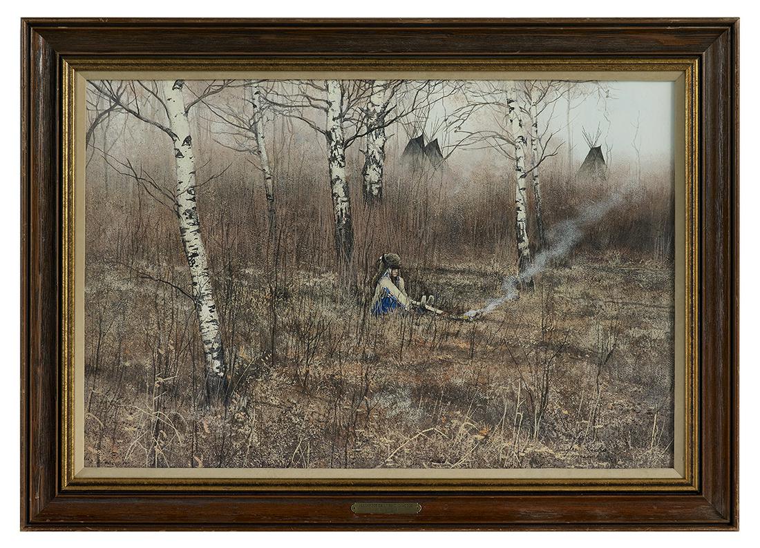 Douglas Ricks (American, Idaho, 1954-2003): Douglas Ricks (American, Idaho, 1954-2003) "Blackfoot in the Woods", 1982 gouache on paper signed and dated lower right, verso with "Connally & Altermann Art Gallery" and "Altermann Art Gallery" label