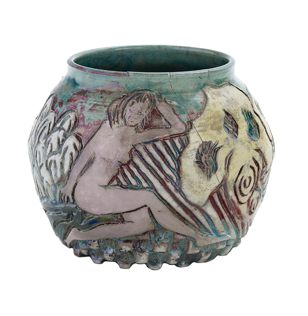 JoAnn Greenberg (American/Louisiana, 1928-2013): JoAnn Greenberg (American/Louisiana, 1928-2013) "Reclining Nude" painted and glazed clay signed and marked "1763" at bottom. h. 5-1/2", dia. 7" Provenance: Collection of Mark M. Johnson, Montgomery, A