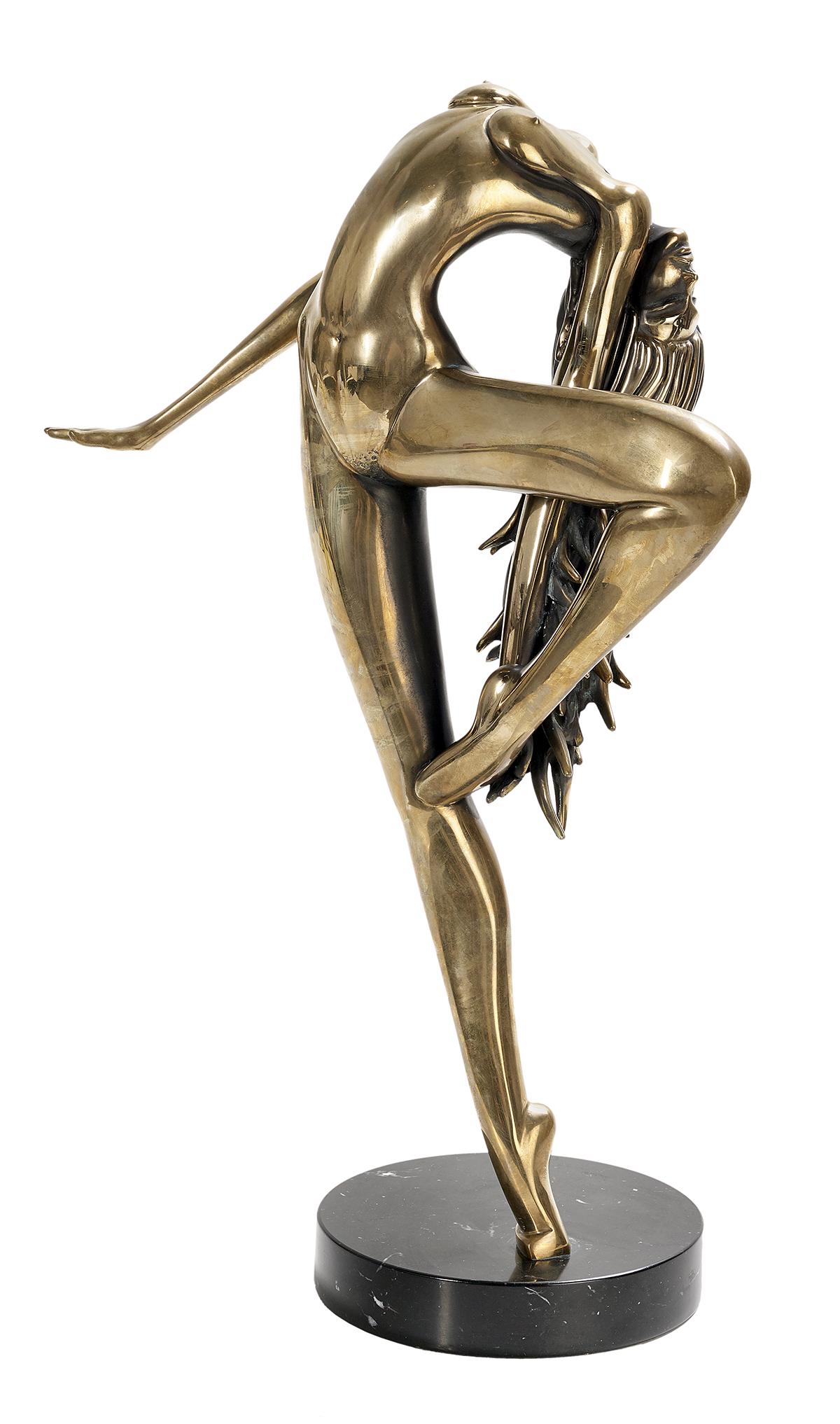 Tom Bennett (American, b. 1928): Tom Bennett (American, b. 1928) "Sun Dancer", 1983 polished bronze cast signature, dated and numbered "79/150" along back of proper right foot, on a black marble base. overall h. 24-1/2", w. 16", d. 8